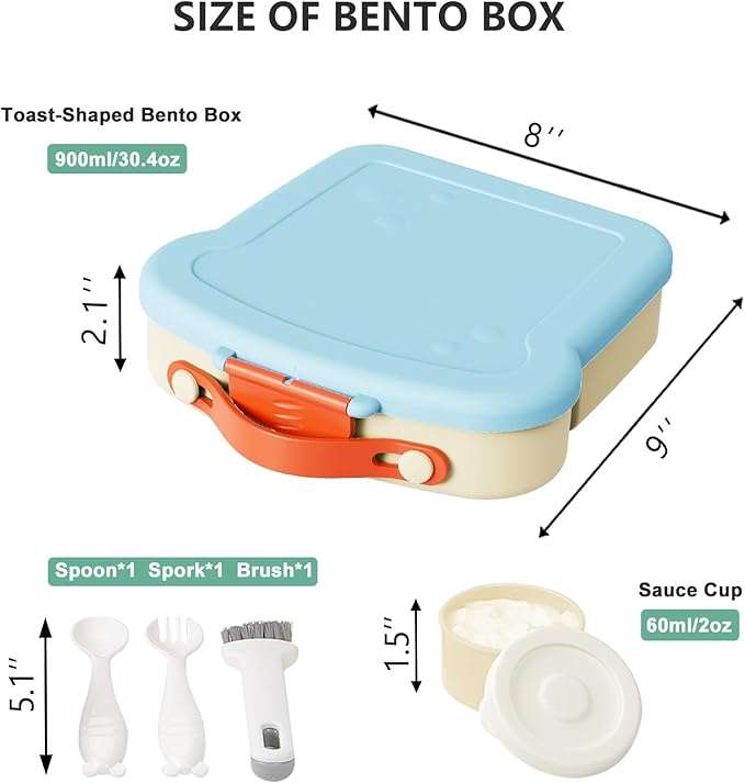 Kids Bento Lunch Box - Toast-Shaped 4-Compartment Lunchable Food Container with Sauce Cup, Utensils & Brush, BPA-Free, Reusable Snack Container with lid, Ideal for School & Travel - Blue