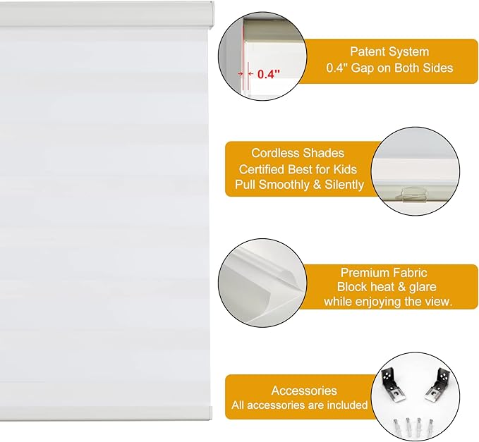 Persilux Cordless Zebra Blinds for Windows Free-Stop Roller Windows Shades (24" W X 72" H, Cream) Dual Layer Light Control for Day and Night, Light Filtering Sheer Shades for Home, Bedroom,