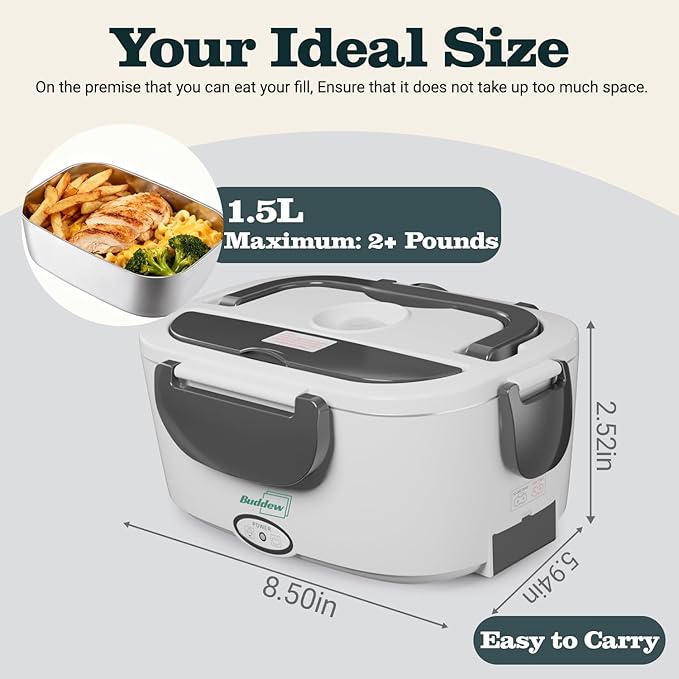 Buddew Electric Heated Lunch Box for Adults - 80W Fast Heating, 1.5L Food-Grade Stainless Steel, 12V/24V/110V Portable Food Warmer for Work Travel Car, Lonchera Electrica Portatil