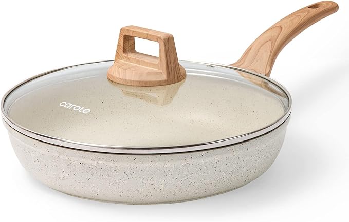 CAROTE 8 Inch Non Stick Frying Pan with Lid,White Granite Nonstick Skillet Omelet Pans, Egg Pan Granite Cookware, PFOS & PFOA Free