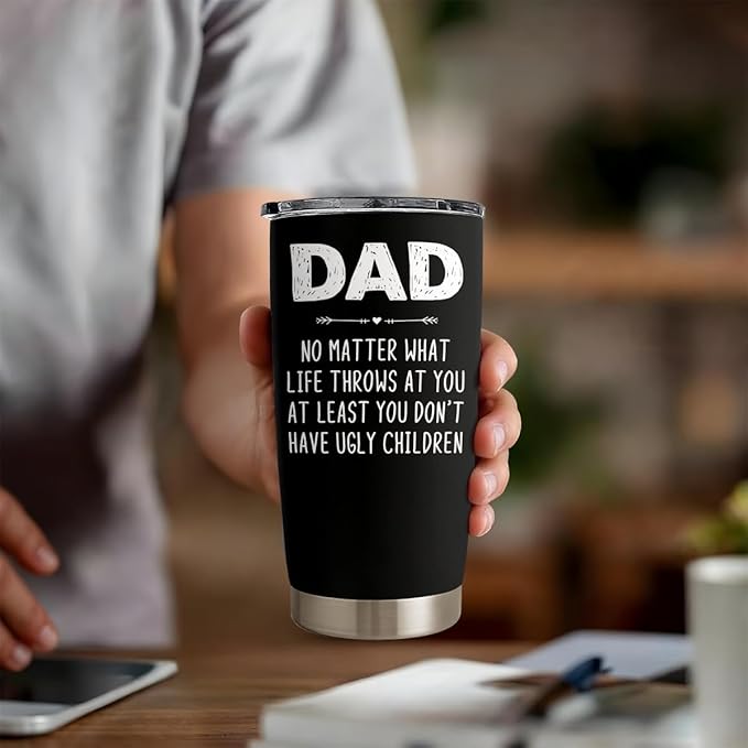 SANDJEST Dad Tumbler Gifts for Dad from Daughter Son - 20oz Stainless Steel Double-walled Insulated No Matter What Ugly Children Travel Mug Christmas, Birthday, Father's Day Gift Set with Lid & Straw