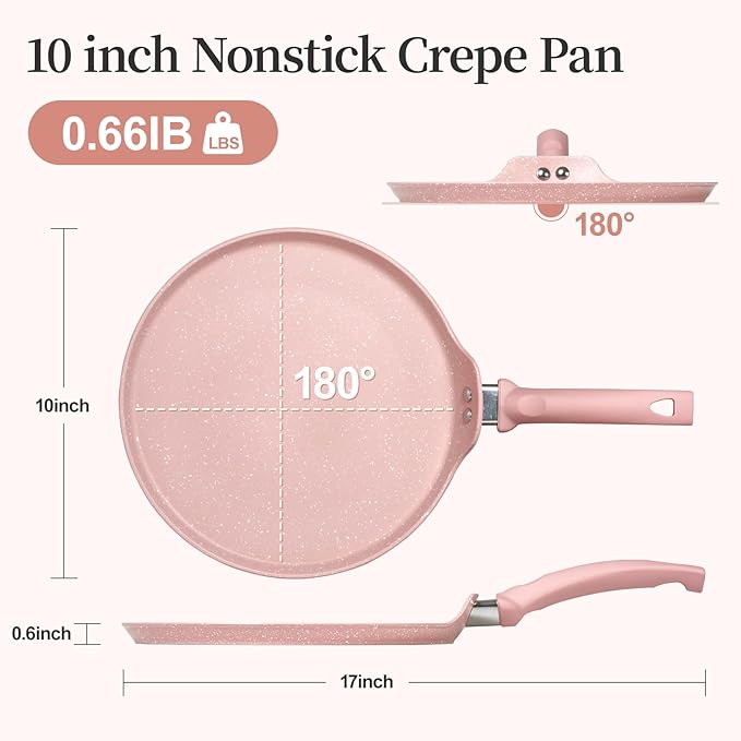 Innerwell Nonstick Crepe Pan, Granite Coating Flat Skillet Dosa Tawa Tortilla Pan, 10 inch Pink Pancake Griddle Roti Pan With Stay-Cool Handle, Induction Compatible, PFOA Free