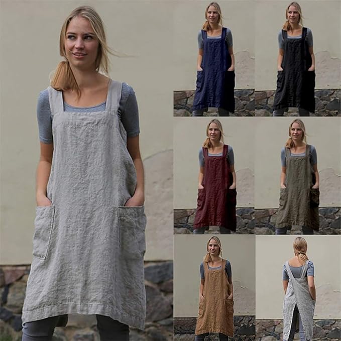 YESDOOD Cotton Linen Apron Cross Back Apron for Women with Pockets Pinafore Dress for Baking Cooking