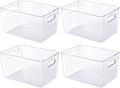 JollyPack 4 Pack Clear Plastic Storage Bins, Pantry Organizers and Storage with Handles, Clear Storage Containers for Fridge, Kitchen, Cabinet, Bathroom and Office