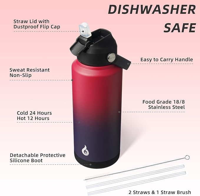BJPKPK Water Bottle with Straw Lid, 32oz Vacuum Insulated Water Bottles, Metal Stainless Steel Thermo for Sports, Travel, BPA Free Leak Proof Thermo, Cups, Flasks, Tumblers,Charming Red