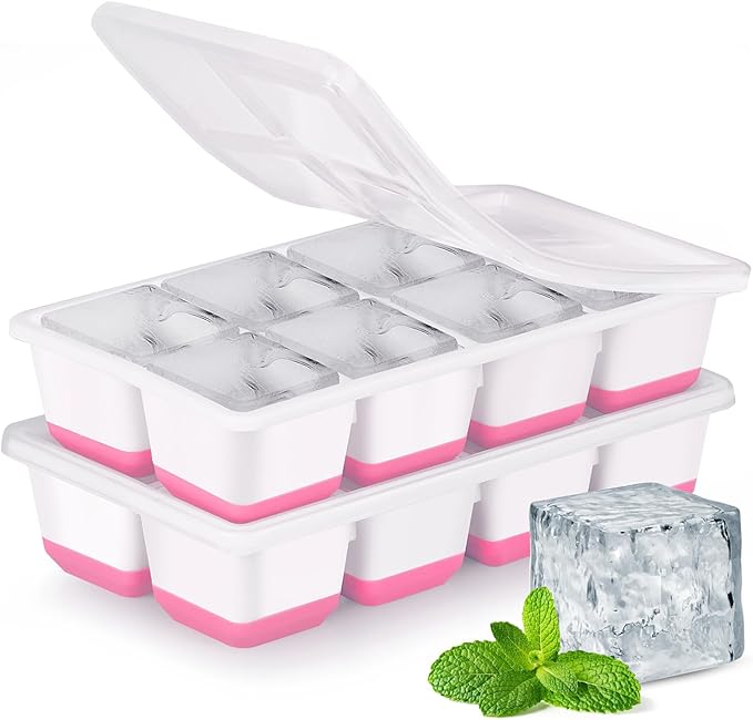 Large Ice Cube Trays with Lid, Jrisbo 2 Pack Stackable Silicone Ice Cube Molds for Freezer, Easy Release 16 Big Square Ice Trays for Whisky Cocktails (Pink)