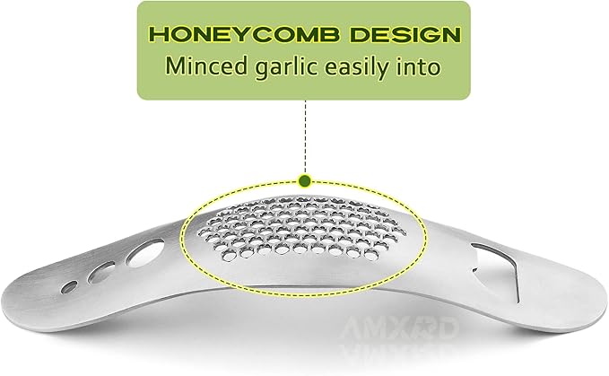 Garlic Press Rocker & Silicone Peeler, Stainless Steel Garlic Mincer, Herb Stripper & Leaf Zipper