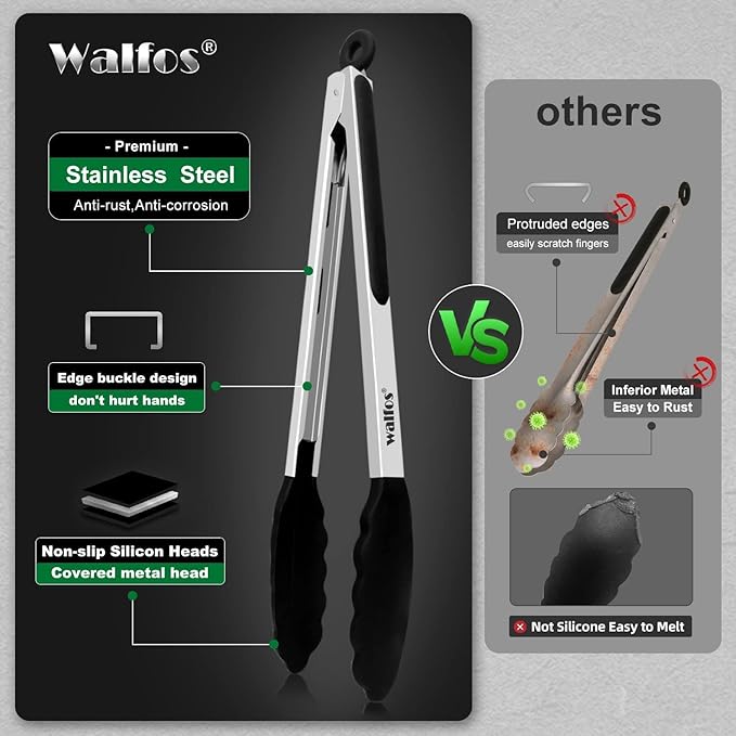 Heat Resistant Silicone Tongs Set - 600 Degrees, Kitchen Tongs for Cooking, Grilling, Turning - Stainless Steel and BPA Free Silicone Tips (7", 9" and 12 inch)