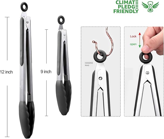 HOTEC Premium Stainless Steel Locking Kitchen Tongs with Silicon Tips, Set of 2-9" and 12"
