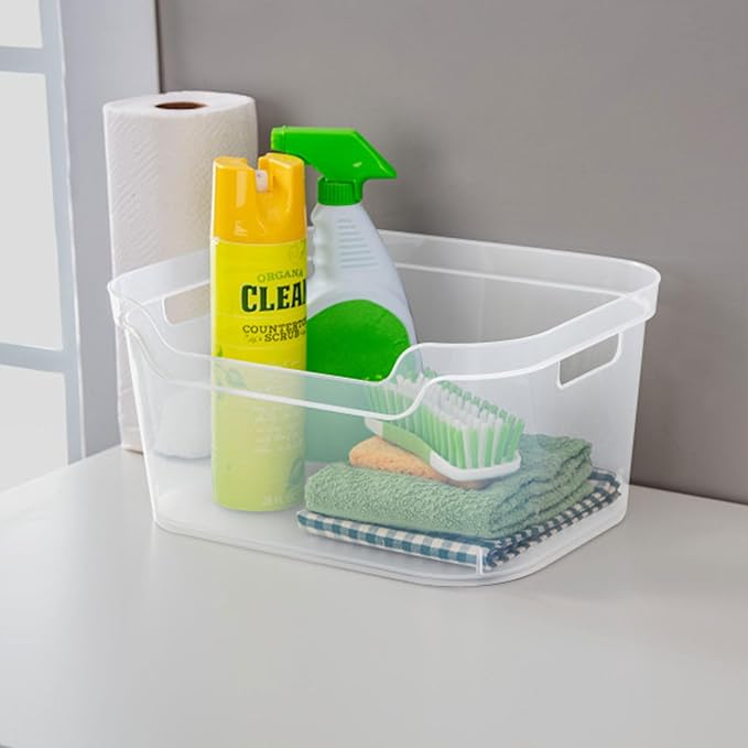 Sterilite 7 x 11 x 14.25 Inch Polished Open Scoop Front Storage Bin with Comfortable Carry Through Handles for Household Organization, Clear (24 Pack)