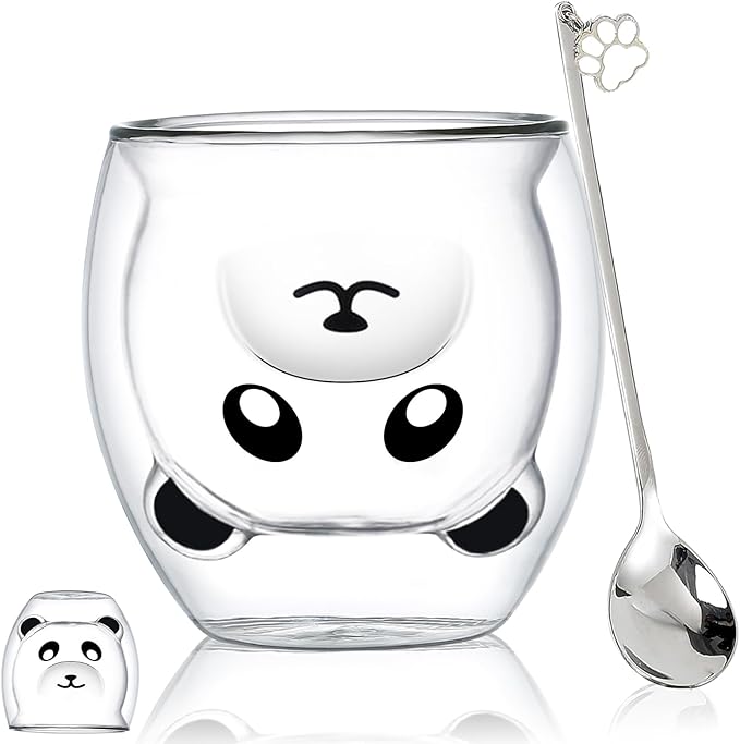 Panda Mug Cute Mugs Glass Double Wall Insulated Glass Espresso Cup, Kawaii Mug, Coffee Cup, Tea Cup, Milk Cup, Birthday Christmas Gifts(Panda)