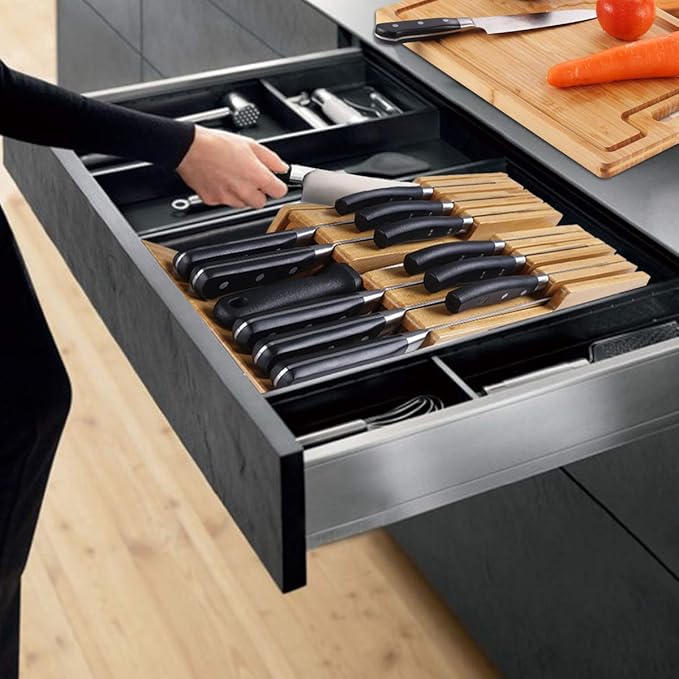 NIUXX Bamboo In-Drawer Knife Block Set for 12 Knives(Not Included), Large Kitchen Detachable Washable Cutlery Slot Organizer Storage Holder for Sharpening Steel and Cutter