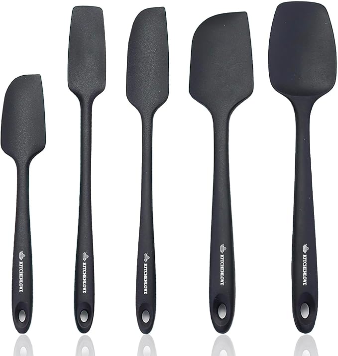 KITCHENLOVE Premium 600°F Heat Resistant 5 Piece Silicone Spatula Set for Baking, Cooking, Mixing - Non-Stick with High Grade S-Iron Steel Core - One Piece Seamless Design - BPA Free (Black)