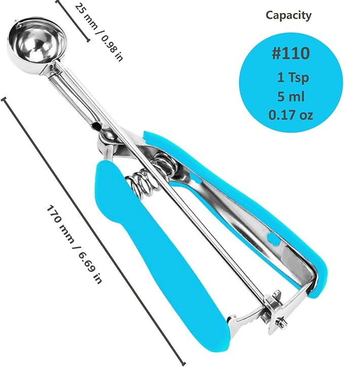 Cookie Scoop, 18/8 Stainless Steel Cookie Scooper, Mini Cookie Scoops for Baking, 1Tsp/5ml/ 0.17oz Tbsp Cookie Dough Scoop, Melon Scooper with Trigger Release, Cookie Scooper for Baking(Blue)
