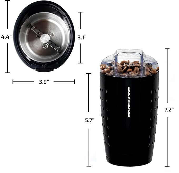 OVENTE Electric Coffee Grinder for Beans, Spices and More, 2.5Oz Compact Grinding Mill, Spice Grinder with Stainless Steel Blade, Pulse Button Operation and Transparent Easy to Open Lid, Black CG225B