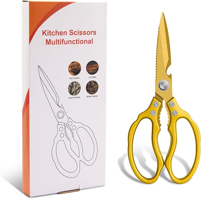 CGBE Kitchen Scissors, Multi-Purpose Kitchen Shears, Heavy Duty Dishwasher Safe Food Scissors for Chicken, Poultry, Fish, Meat & Herbs with Non-Slip Grips - ALL Gold