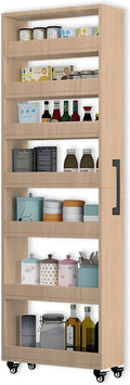 7-Tier Slim Storage Cart, Wooden Rolling Pantry Cabinet with Wheels, Narrow Shelf Organizer for Kitchen, Bakers Rack, Dining Room, Closet, Small Spaces Light Walnut 47.2" H*9.8" W*16.9" D