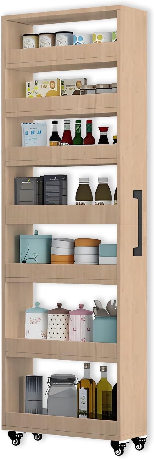 7-Tier Slim Storage Cart, Wooden Rolling Pantry Cabinet with Wheels, Narrow Shelf Organizer for Kitchen, Bakers Rack, Dining Room, Closet, Small Spaces Light Walnut 73.2" H*7.8" W*23.6" D