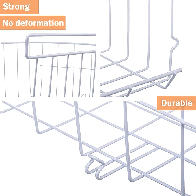 Lonians 2-Pack Under Shelf Hanging Storage Baskets - Metal Wire Rack Organizer for Kitchen, Pantry, Cabinet, Bathroom, Desk - Space Saving Shelf Extender (White, Large)