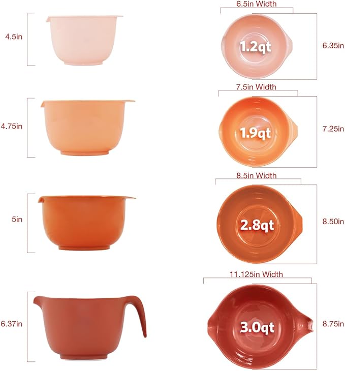 Glad Mixing Bowls with Pour Spout, Set of 4 - Nesting Plastic Bowls (1.2qt, 1.9qt, 2.8qt, and 3qt with Handle) - Non Slip Base, Dishwasher Safe Kitchen Cooking and Baking Supplies, Rust