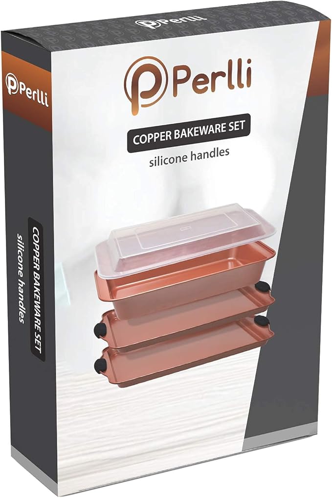 Perlli Baking Sheet 4 Piece Set Nonstick Copper Carbon Steel Oven Bakeware Kitchen Set with Silicone Grips, Includes 2x 9x13" Cookie Sheets, 9x13" Baking Pan with Plastic Lid