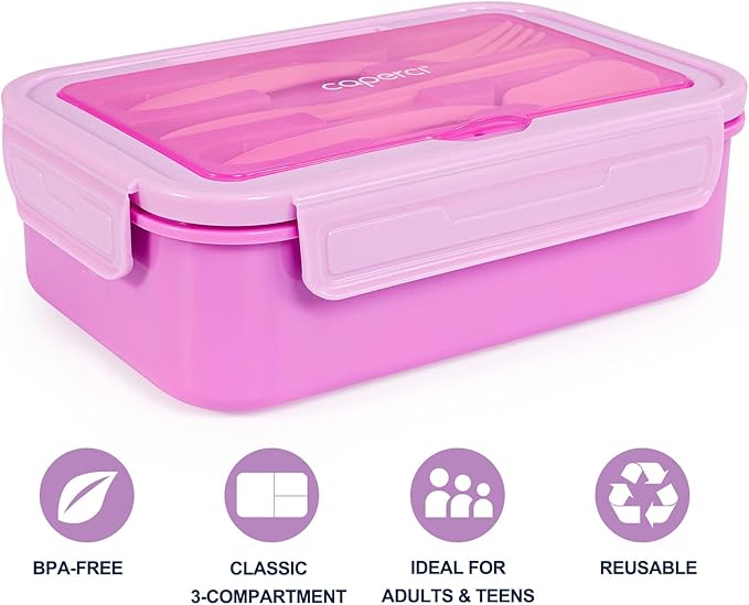 Caperci Classic Bento Box Adult Lunch Box for Older Kids - Leakpoof 47 oz 3-Compartment Lunch Containers for Adults and Teens, Built-in Utensil Set, Ideal for On-the-Go Balanced Eating, Vivid Orchid