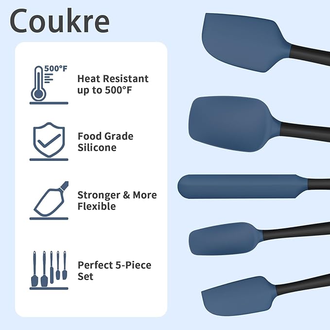 Coukre Silicone Spatula Set of 5,High Temperature Resistant, Food Grade Silicone, Dishwasher Safe, for Baking, Cooking (Deep Blue Black)