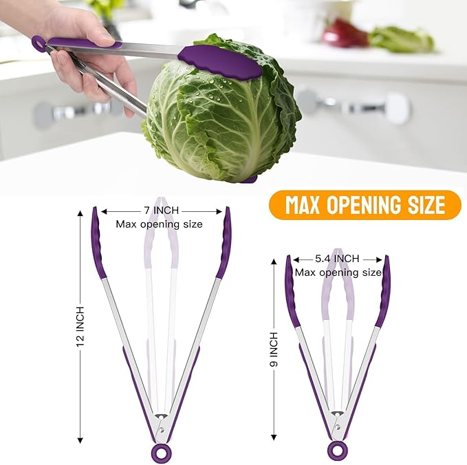 HOTEC Premium Stainless Steel Locking Kitchen Tongs with Silicon Tips, Set of 2-9" and 12" (Purple)