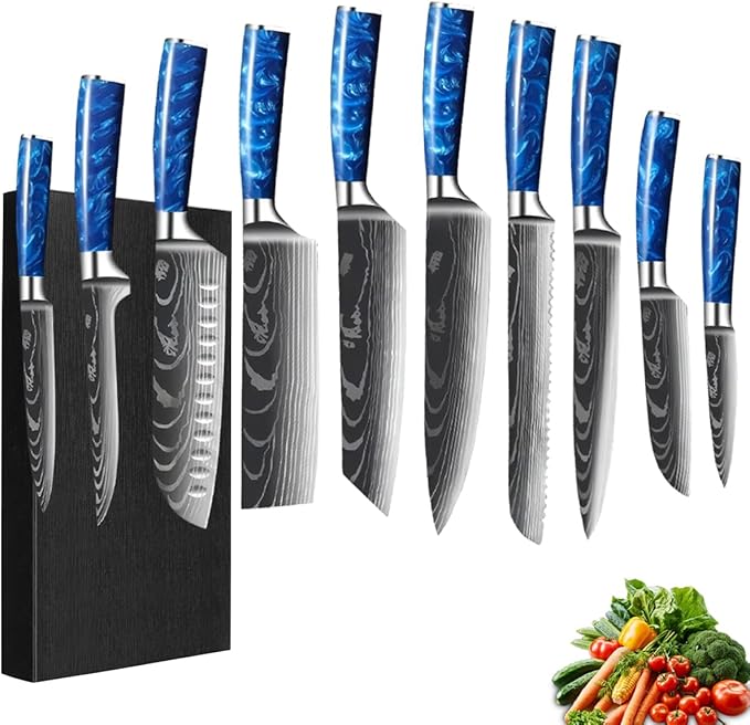 10-Piece Premium Japanese Kitchen Knife Set - Imperial Collection, Laser Damascus Pattern, 440A Stainless Steel Ultra Sharp for Fast Cutting (Blue)