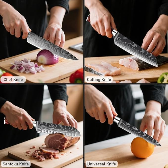 8-Piece Premium Japanese Kitchen Knife Set - Imperial Collection, Laser Damascus Pattern, 440A Stainless Steel Ultra Sharp for Fast Cutting (Black 8J)
