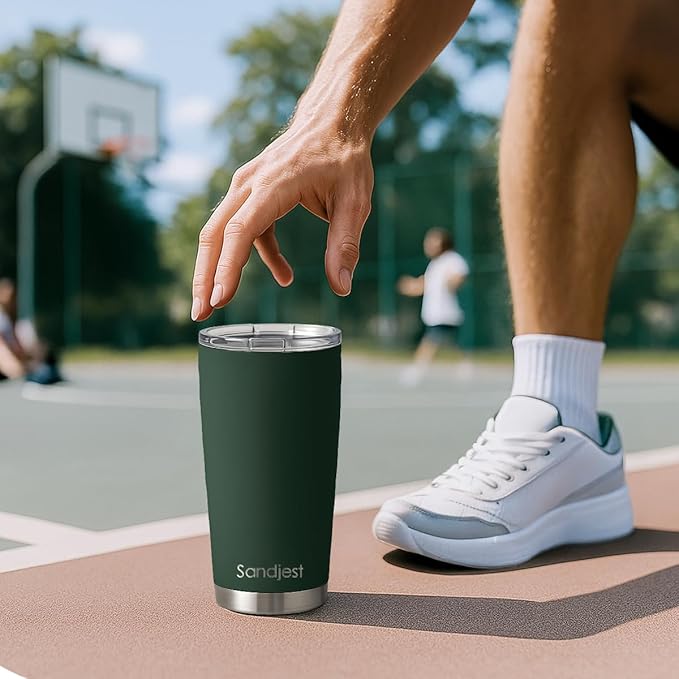 SANDJEST Dark Green Tumbler 20oz Stainless Steel Double Wall Vacuum Insulated, Green Travel Coffee Cup, Gifts for Men Women Birthday Christmas