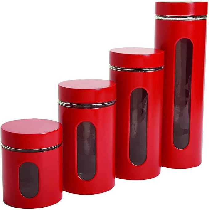 Quality Modern Red Stainless Steel Canister Set for Kitchen Counter with Glass Window & Airtight Lid - Food Storage Containers with Lids Airtight - Pantry Storage and Organization Set