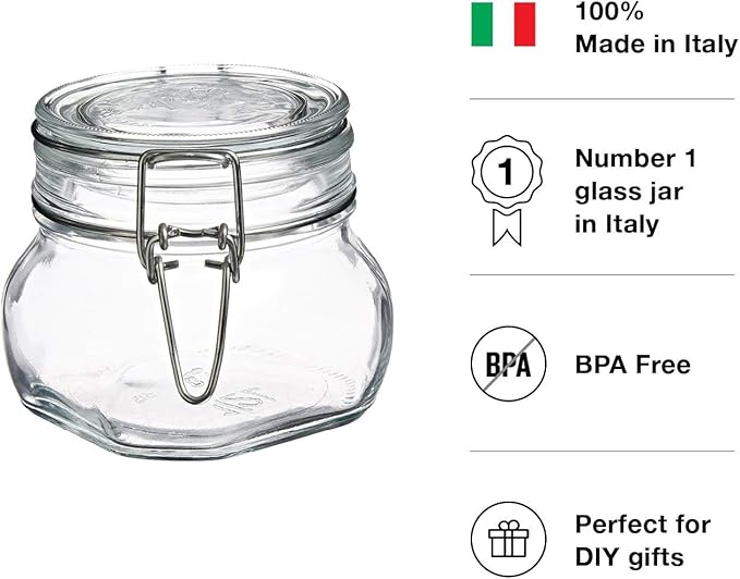 Bormioli Rocco Fido 17.5 Ounce Glass Storage Jars: Airtight Hinged Lid With Leak Proof Gasket, Wide Mouth Food Container - For Zero Waste Air Tight Preserving Jam, Spices, Coffee, Sugar & Herbs