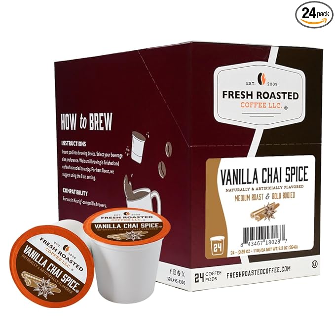 Fresh Roasted Coffee, Vanilla Chai Spice, Flavored Coffee Pods, K-Cup Compatible, 24 Count