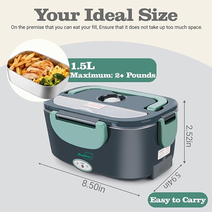 Buddew Electric Heated Lunch Box for Adults - 80W Fast Heating, 1.5L Food-Grade Stainless Steel, 12V/24V/110V Portable Food Warmer for Work Travel Car, Lonchera Electrica Portatil (Green)