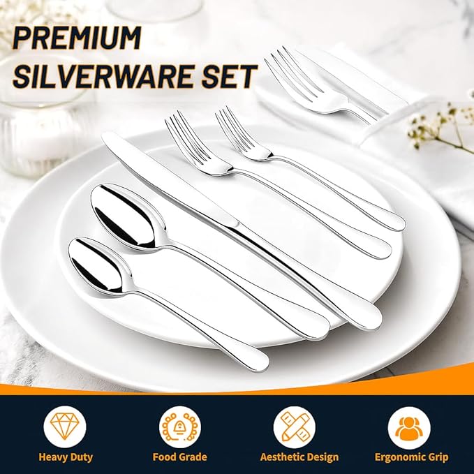 60 Piece Silverware Set for 12, Premium Stainless Steel Flatware Set, Eating Utensil Sets with Steak knives, Cutlery Tableware Service Include Fork Knife Spoon Set, Mirror Polished
