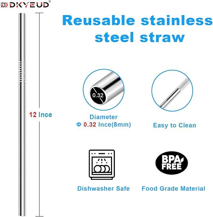 Newly Upgraded Extra Long 12In Metal Straws Reusable Set 12 PCS,BPA Free, Eco-Friendly Stainless Steel Straws Fit 40 oz Tumbler,for Hot/Cold Drinks