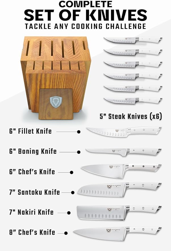 Dalstrong 12-Piece Knife Block Set - Gladiator Series Elite - White Handles - German HC Steel - Hand-Made Manchurian Ash Wood Block - NSF Certified
