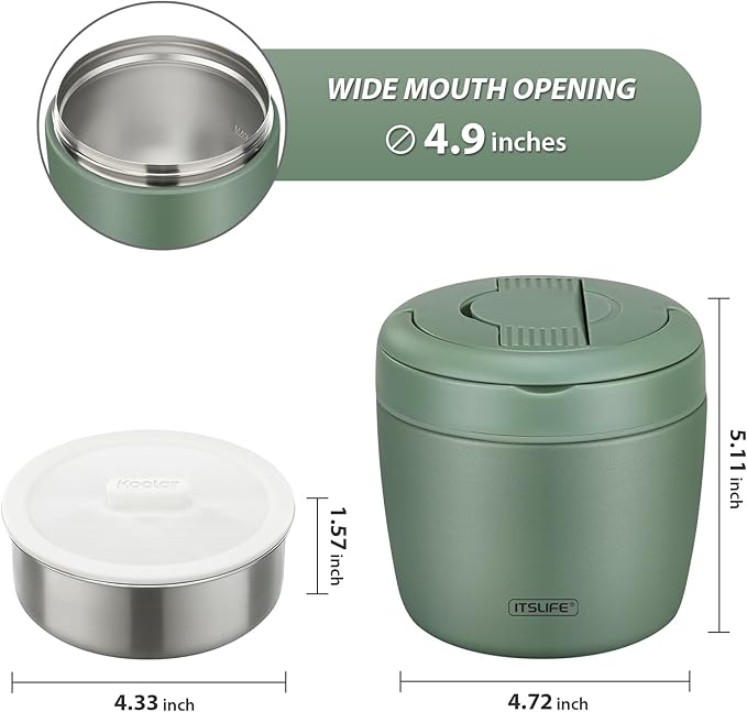 Soup Thermos for Hot Food Insulated Food Jar 32oz, Vacuum Insulated Stainless Steel Lunch Container - Wide Mouth Thermo for Soup & Food, Insulated lunch box Leakproof Bento Box with Spoon (Green)