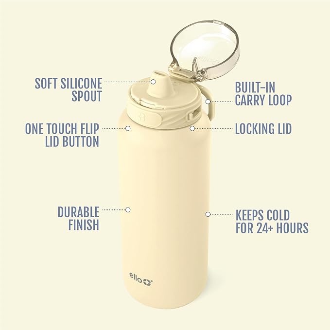 Ello Cooper 22oz Stainless Steel Water Bottle Vacuum Insulated with Straw and Carry Handle, Leak Proof Locking Lid with Soft Silicone Spout, Dishwasher Safe, Butter Yellow