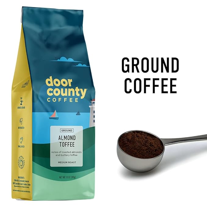 Door County Coffee Almond Toffee Flavored Ground - 10 oz Bag | Flavored Ground Medium Roast - 100% Specialty Arabica - Flavored Gourmet - Almond Toffee