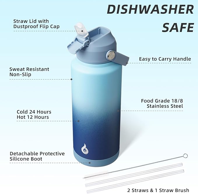 BJPKPK Water Bottle with Straw Lid, 32oz Vacuum Insulated Water Bottles, Metal Stainless Steel Thermo for Sports, Travel, BPA Free Leak Proof Thermo, Cups, Flasks, Tumblers,Sky