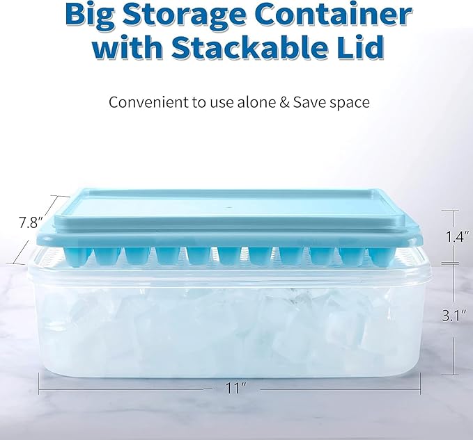 Ice Cube Trays 2 Pack with Lids and Bin for Freezer, Easy Release 55 Mini Nugget Ice Trays, Stackable Small Ice Cube Mold, Ice Maker Tray & Storage Box, Durable Plastic, BPA Free, Blue, ARTLEO