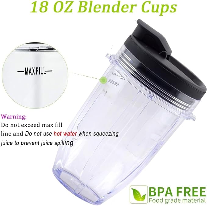 Replacement 18oz Blender Cup with Sip & Seal Lid For Nutri Ninja BL450 BL456 BL480 BL482 BL640 BL642 BL682 BN401 BN751 BN801 Foodi SS101 SS151 SS351 SS401 SS400 Ninja Blender Auto IQ Blade, 2-Pack