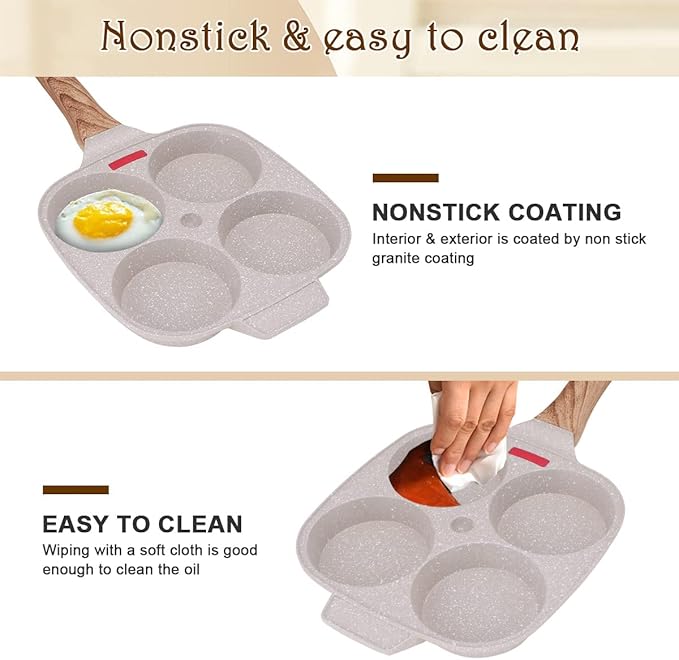 Egg Pan Fried Egg Pan, Egg Frying Pan with Lid Nonstick 4 Cups Pancake Pan Aluminium Alloy Cooker for Breakfast, Gas Stove & Induction Compatible (White)