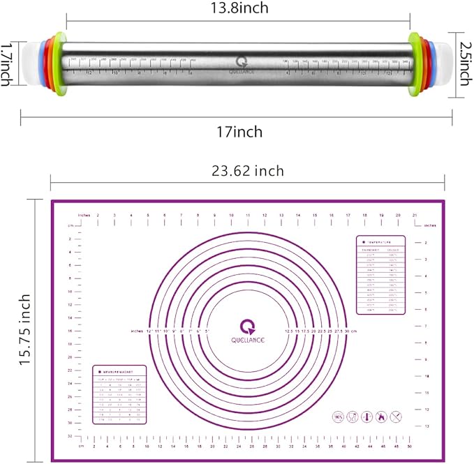 Rolling Pin and Pastry Baking Mat Set, Rolling Pins with Adjustable Thickness Rings, Stainless Steel Dough Roller for Baking Fondant, Pizza, Pie, Pastry, Pasta, Cookies (Purple)
