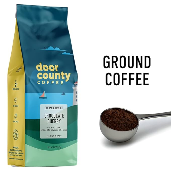Door County Chocolate Cherry Decaf - Ground, Medium Roast - 100% Arabica - Flavored Coffee, 10oz Bag