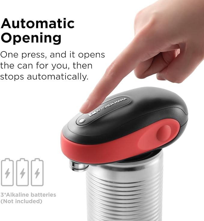 Kitchen Mama One-To-Go Electric Can Opener: One Touch, Auto Stop, Smooth Edge, Lid Lift, Safety, Automatic, Magnetic, Cordless, Battery Operated, Kitchen Appliance for Senior with Arthritis (Red)