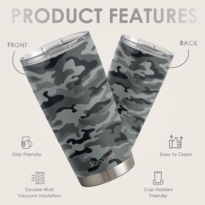 SANDJEST Camo Tumbler 20oz Stainless Steel Double Insulated, Travel Coffee Cup, Gifts for Men Women, Hunting Lovers, Birthday Christmas