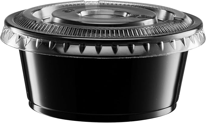 {3.25 oz - 100 Sets} Black Diposable Plastic Portion Cups With Lids, Small Mini Containers For Portion Controll, Jello Shots, Meal Prep, Sauce Cups, Slime, Condiments, Medicine, Dressings, Crafts,